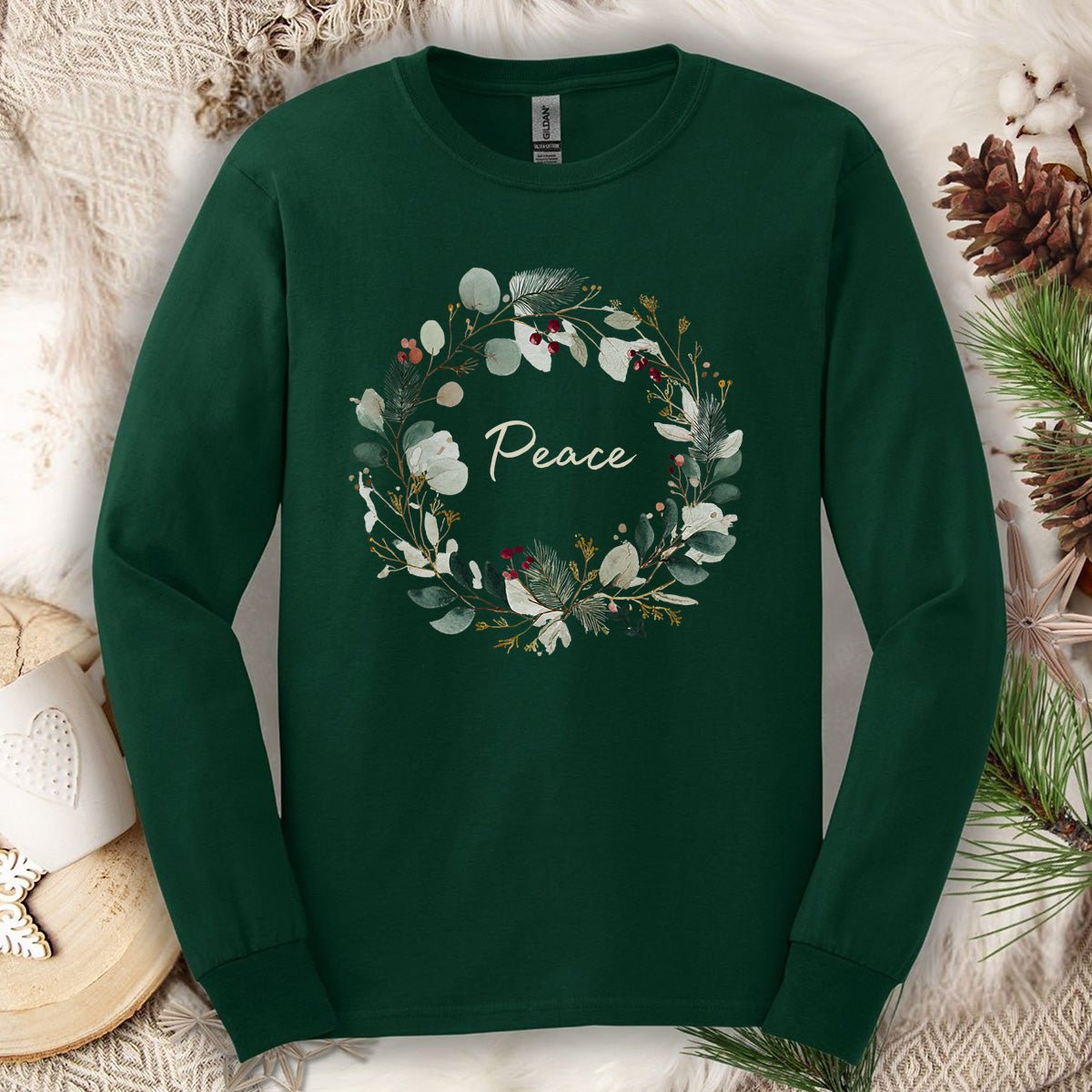 Peace Floral Christmas Wreath Long Sleeve Tee