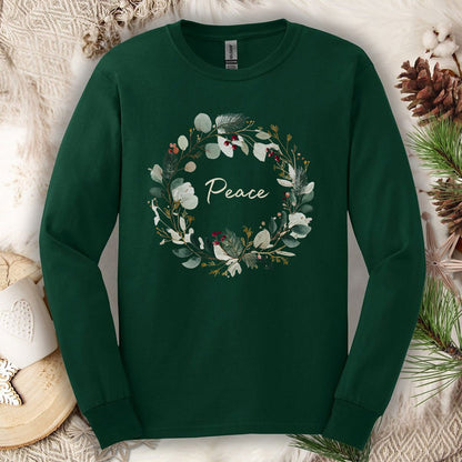 Peace Floral Christmas Wreath Long Sleeve Tee
