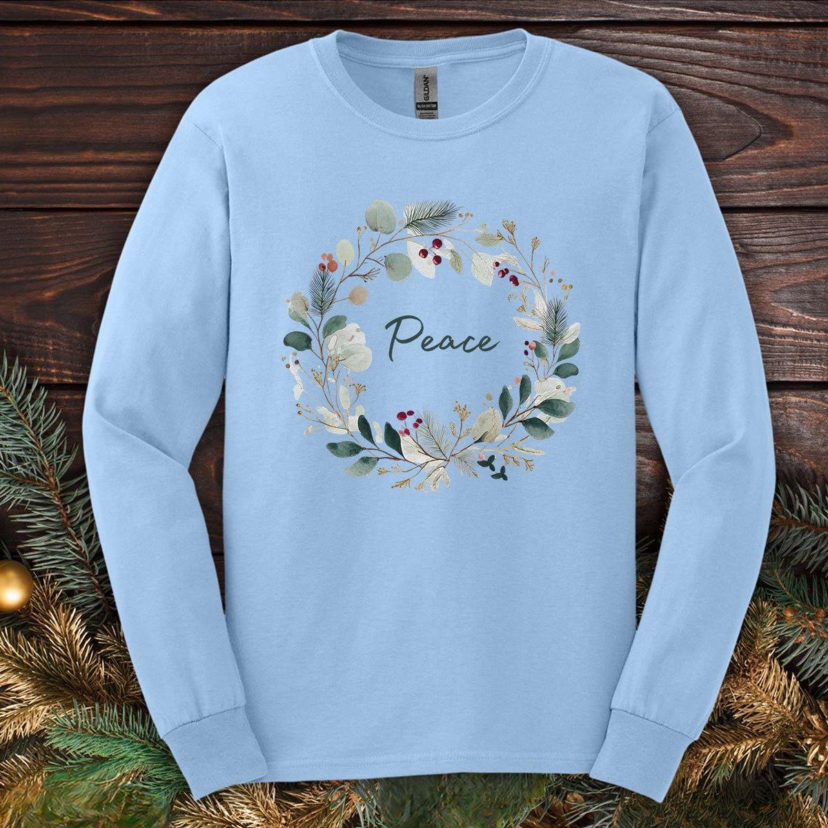 Peace Floral Christmas Wreath Long Sleeve Tee