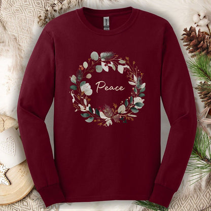 Peace Floral Christmas Wreath Long Sleeve Tee