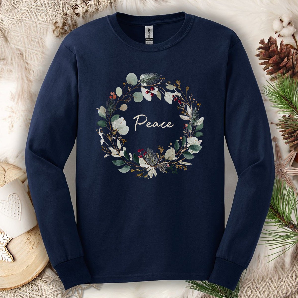Peace Floral Christmas Wreath Long Sleeve Tee