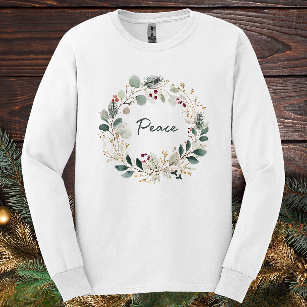 Peace Floral Christmas Wreath Long Sleeve Tee