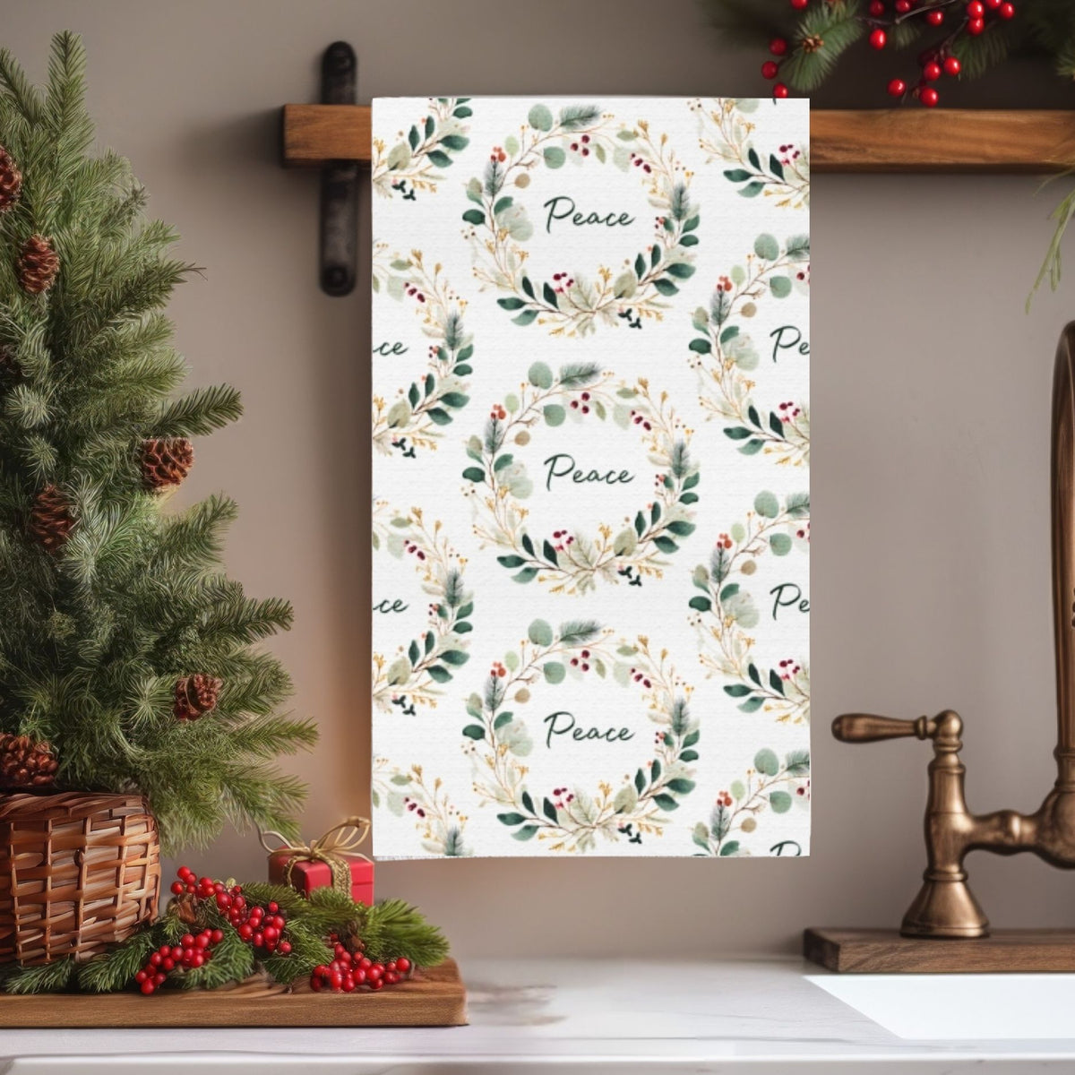 Peace Floral Christmas Wreath Tea Towel
