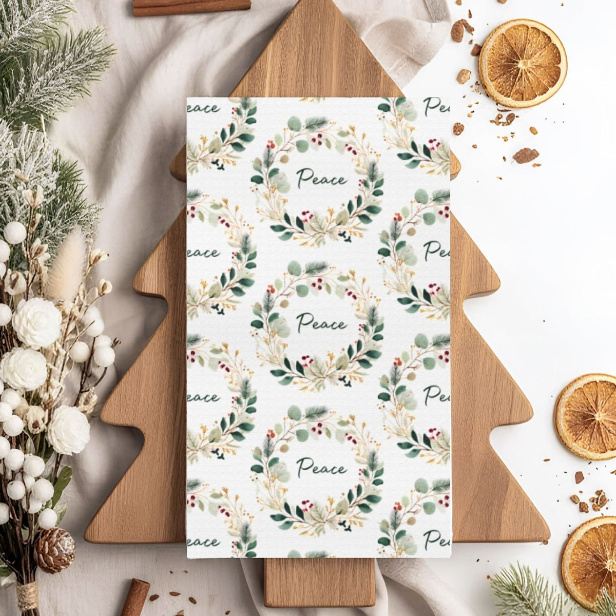 Peace Floral Christmas Wreath Tea Towel