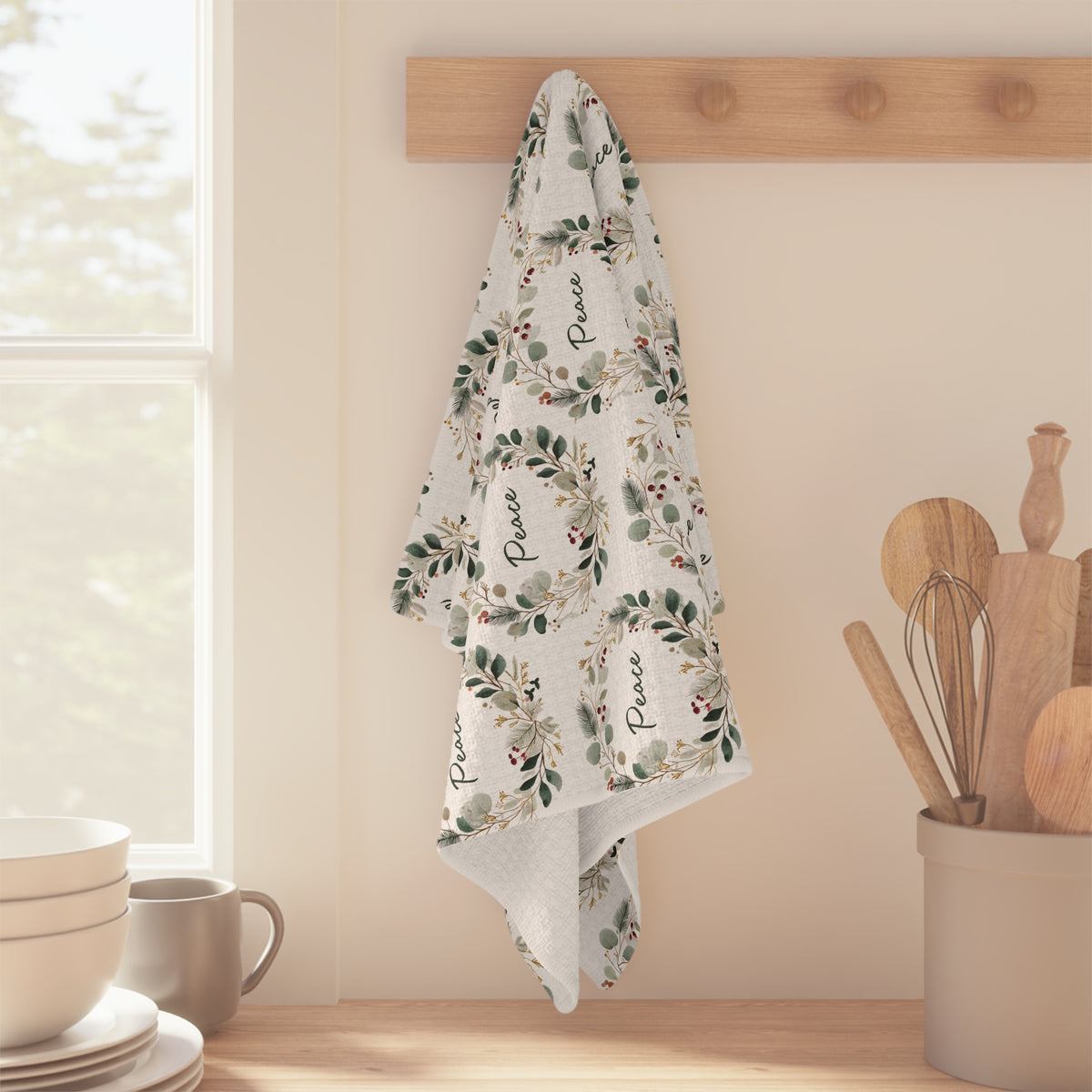 Peace Floral Christmas Wreath Tea Towel