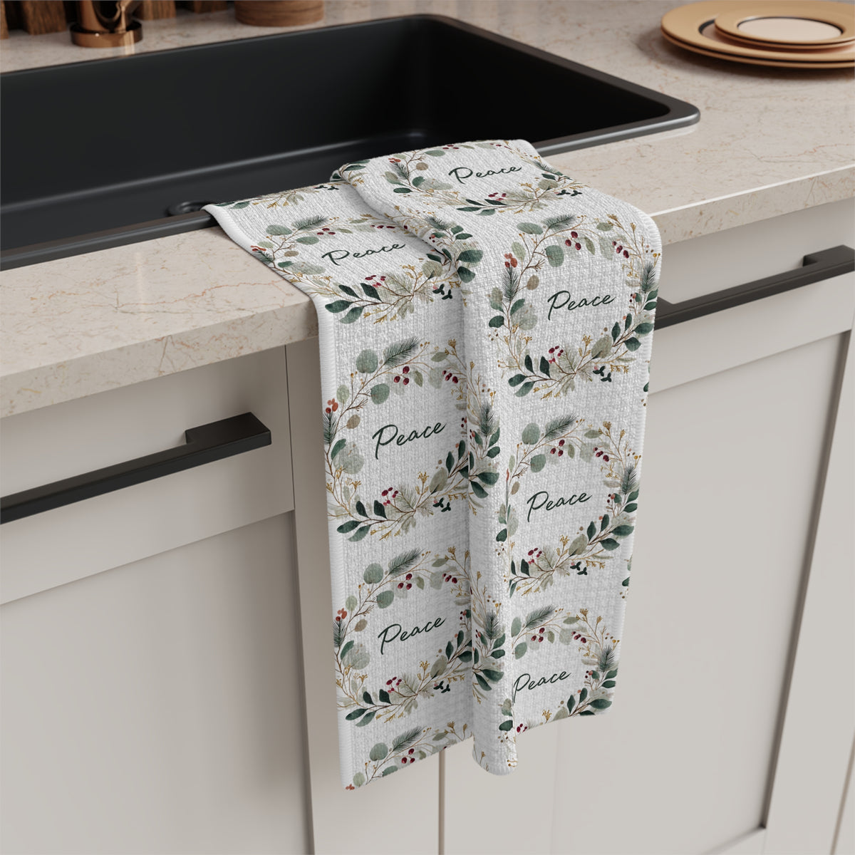 Peace Floral Christmas Wreath Tea Towel