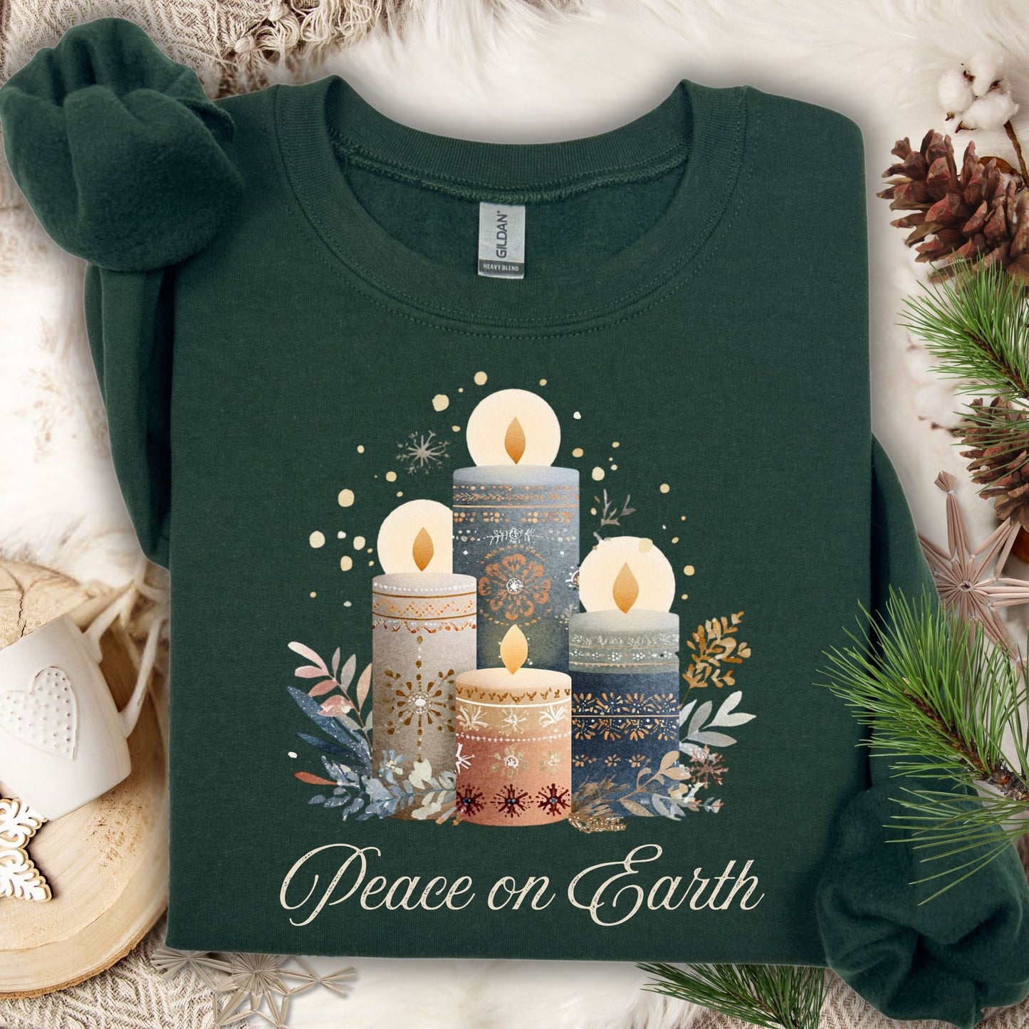 Forest Green Gildan sweatshirt with Nordic-style advent candles, winter foliage, and "Peace on Earth.