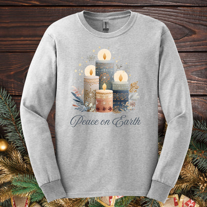 Ash gray Gildan long sleeve tee with folk art Nordic advent candles and "Peace on Earth" text.