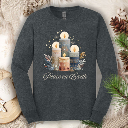 Dark Heather long sleeve tee with folk art Nordic advent candles and "Peace on Earth" text.