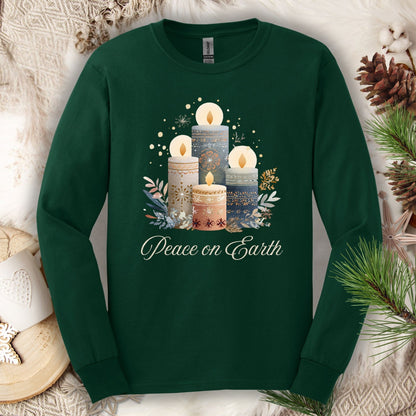 Forest Green long sleeve tee with folk art Nordic advent candles and "Peace on Earth" text.