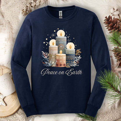 Navy long sleeve tee with folk art Nordic advent candles and "Peace on Earth" text.