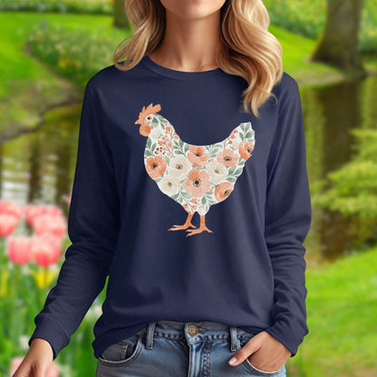 Navy long sleeve tee with a white hen illustration adorned with peach and cream floral patterns.