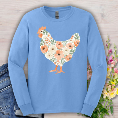 Carolina Blue long sleeve tee with a watercolor floral hen design featuring peach, cream, and green botanicals.