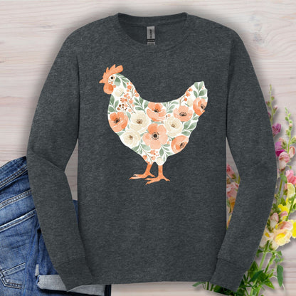 Dark Heather long sleeve tee with a white hen silhouette filled with peach and cream floral patterns.