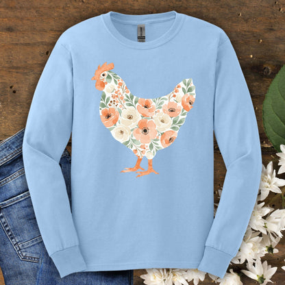 Light blue long sleeve tee with a watercolor floral hen design in peach, cream, and green.