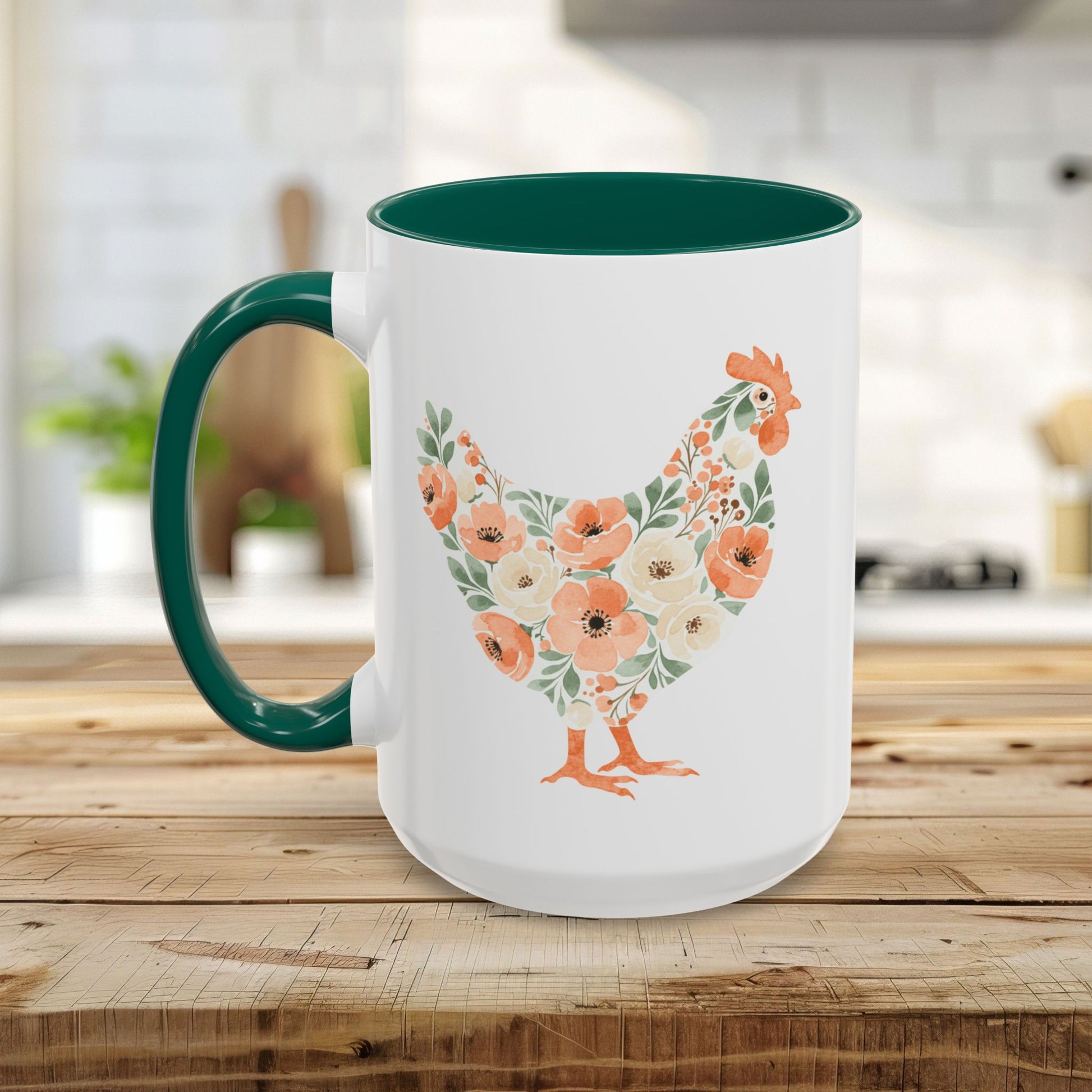 White ceramic mug with a green handle and interior, featuring a coral and sage floral chicken design.