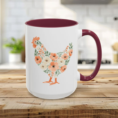 15oz white ceramic mug with maroon handle/interior and a coral/sage floral chicken design.