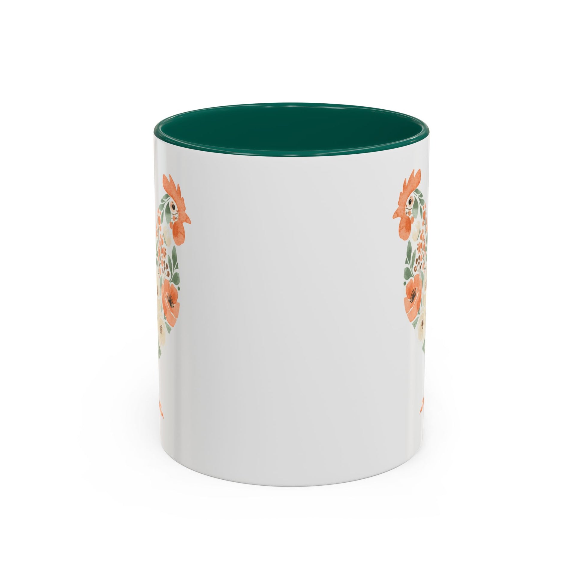 White ceramic mug with a green interior and handle, featuring a coral and sage floral chicken silhouette.