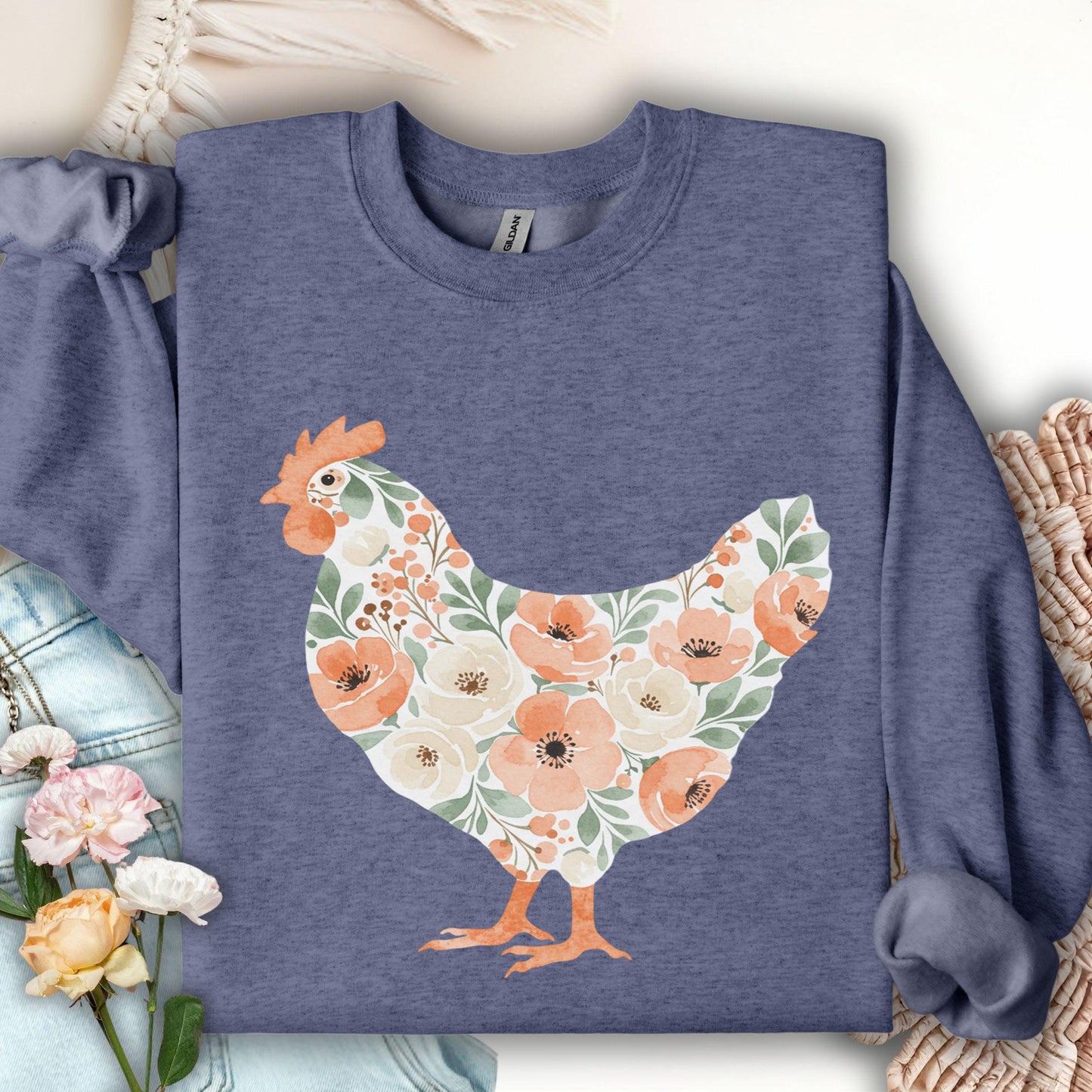 Heather Sport Dark Navy sweatshirt with a watercolor floral hen design in peach and cream.