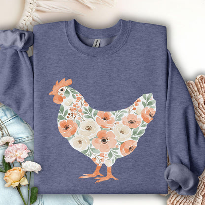 Heather Sport Dark Navy sweatshirt with a watercolor floral hen design in peach and cream.