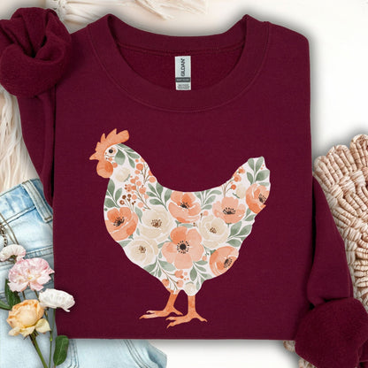 Maroon 50/50 cotton-poly sweatshirt with a floral hen design in peach, cream, and green.
