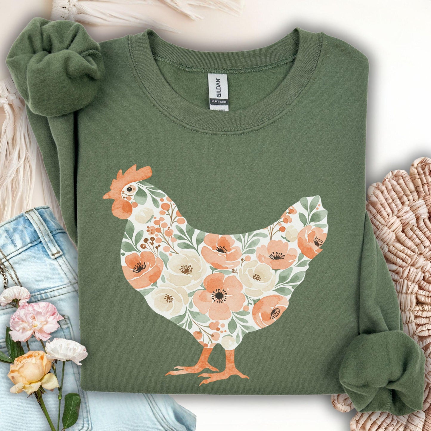 Military Green S cotton-poly sweatshirt with a floral hen design in peach, cream, and green.