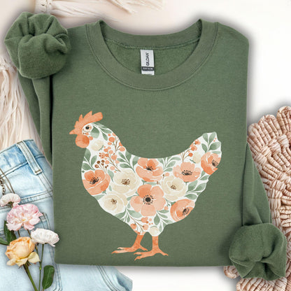 Military Green S cotton-poly sweatshirt with a floral hen design in peach, cream, and green.