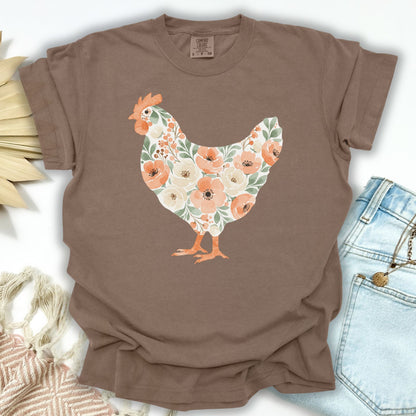Espresso S t-shirt with a watercolor floral hen design featuring peaches and cream flowers.