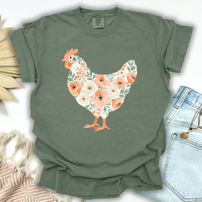 Moss green Peaches and Cream Floral Hen T-shirt, S, with a watercolor hen design.
