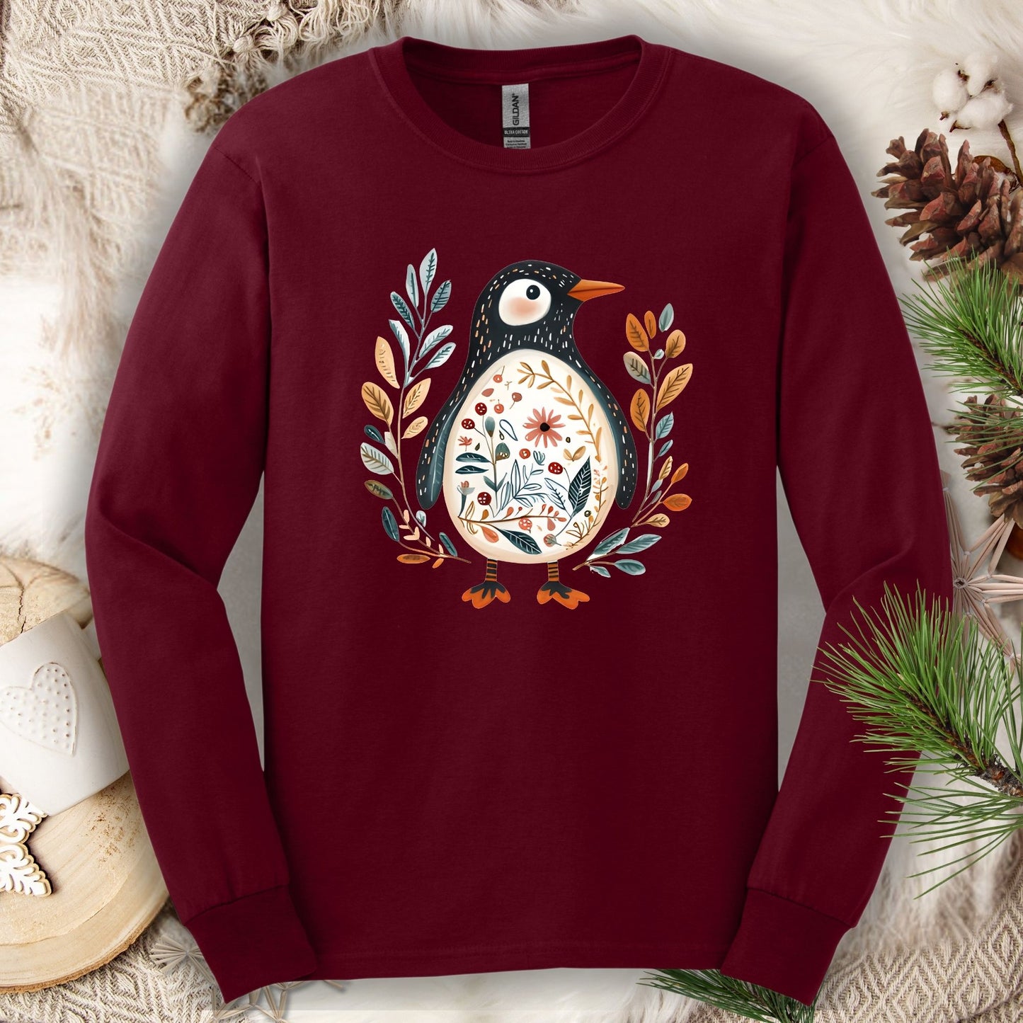 Penguin Folk Art Watercolor Long Sleeve Tee