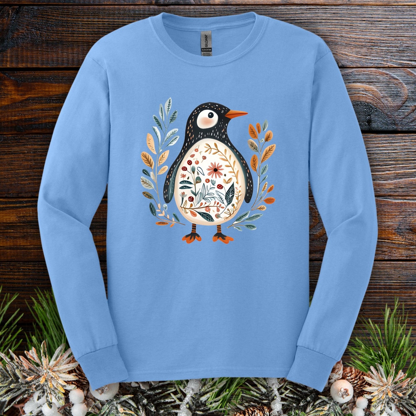 Penguin Folk Art Watercolor Long Sleeve Tee