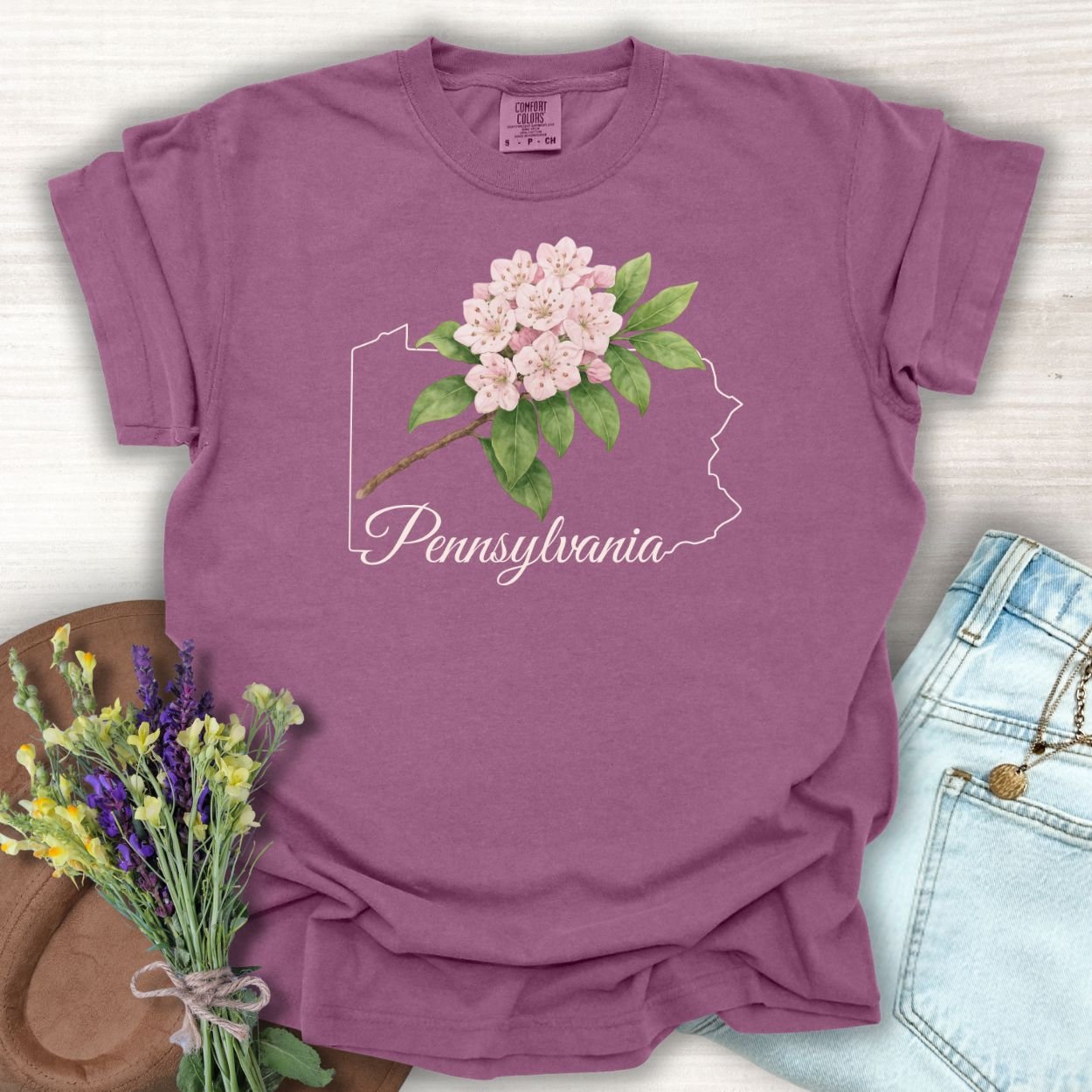 Berry S t-shirt with Pennsylvania outline, mountain laurel flowers, and "Pennsylvania" text.