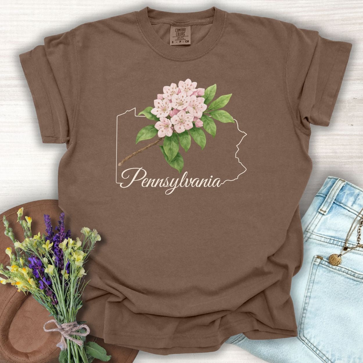 Espresso S t-shirt with a pink mountain laurel and Pennsylvania outline design.
