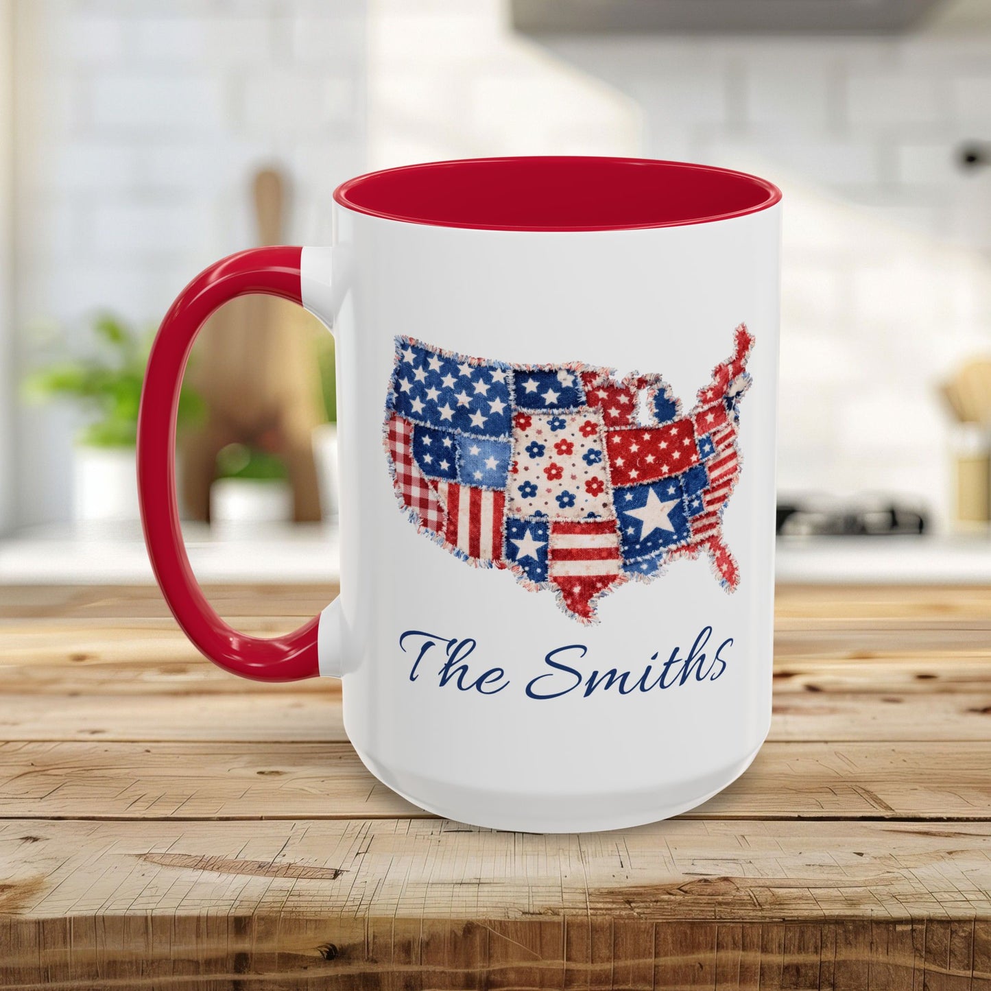 White ceramic mug with red interior and handle, featuring a patchwork USA map and personalized name.