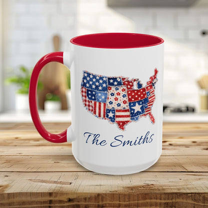 White ceramic mug with red interior and handle, featuring a patchwork USA map and personalized name.