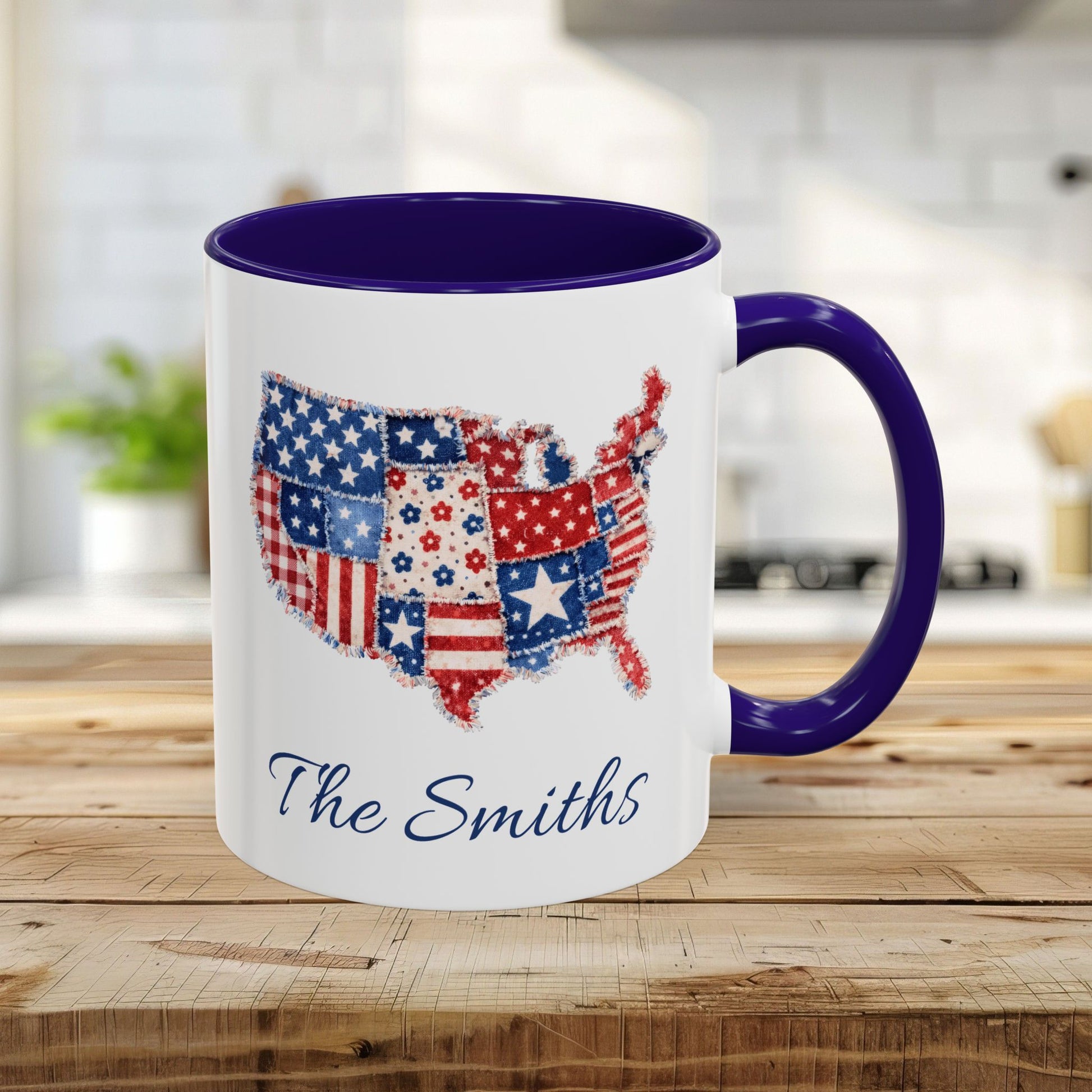White 11oz ceramic mug with a blue interior and handle, featuring a patchwork USA map and "The Smiths" scripted below.