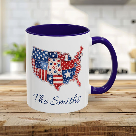 White 11oz ceramic mug with a blue interior and handle, featuring a patchwork USA map and "The Smiths" scripted below.