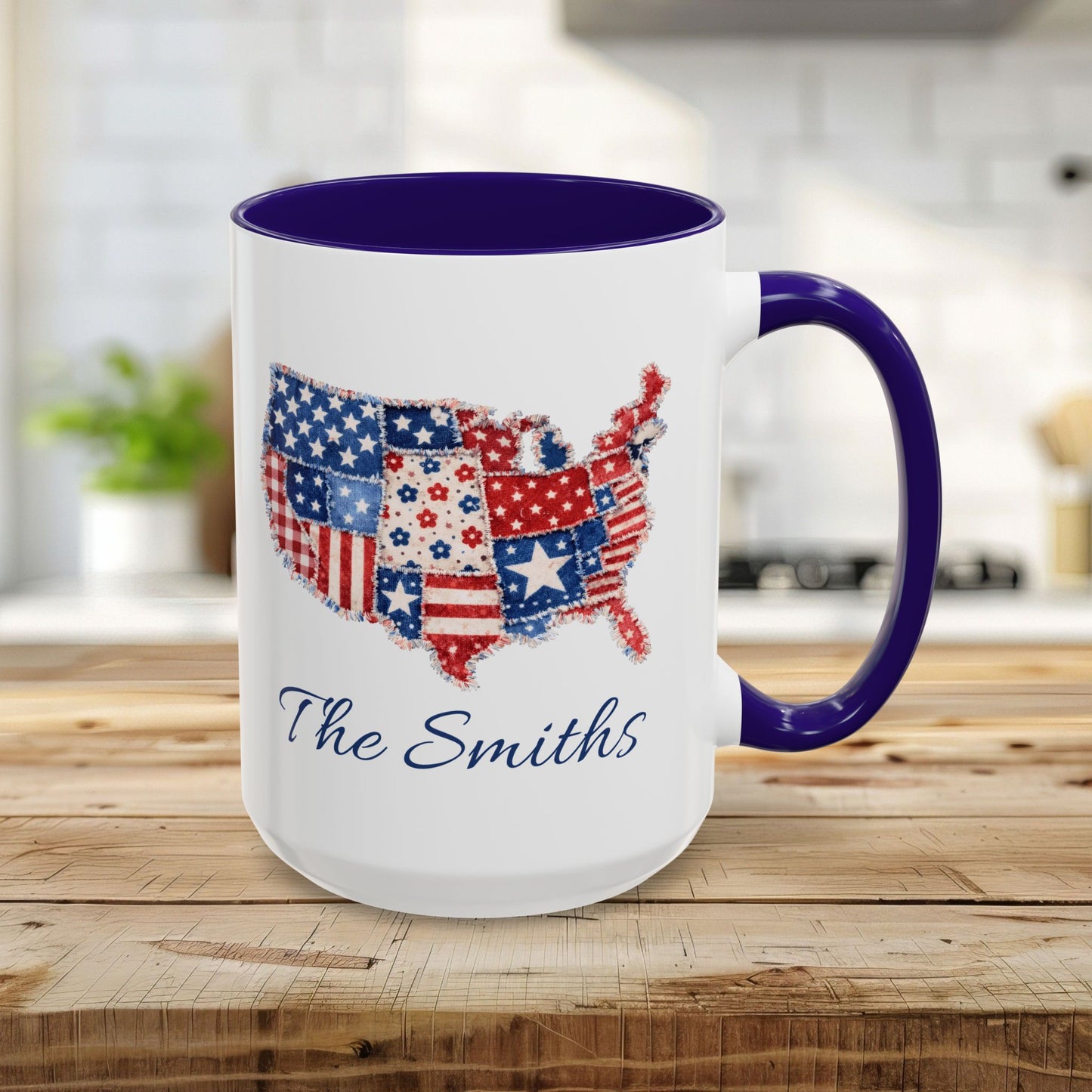 15oz white ceramic mug with blue interior and handle, featuring a patchwork USA map and "The Smiths" in script.