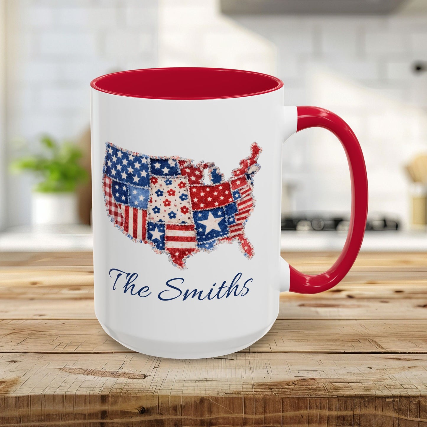 15oz white ceramic mug with a red interior and handle, featuring a watercolor patchwork USA map and "The Smiths" script.