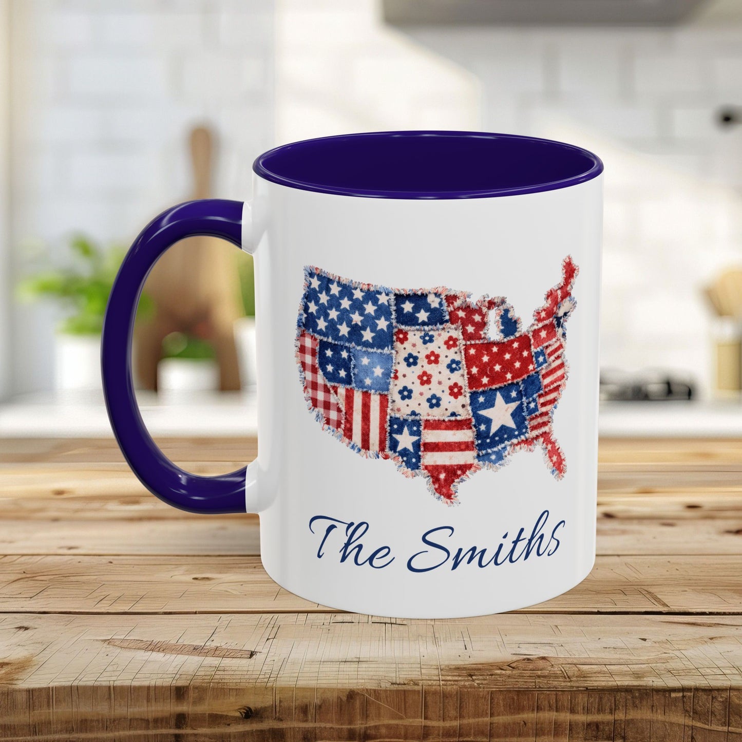 White ceramic mug with a purple handle and interior, featuring a red, white, and blue patchwork USA map and "The Smiths" scripted below.