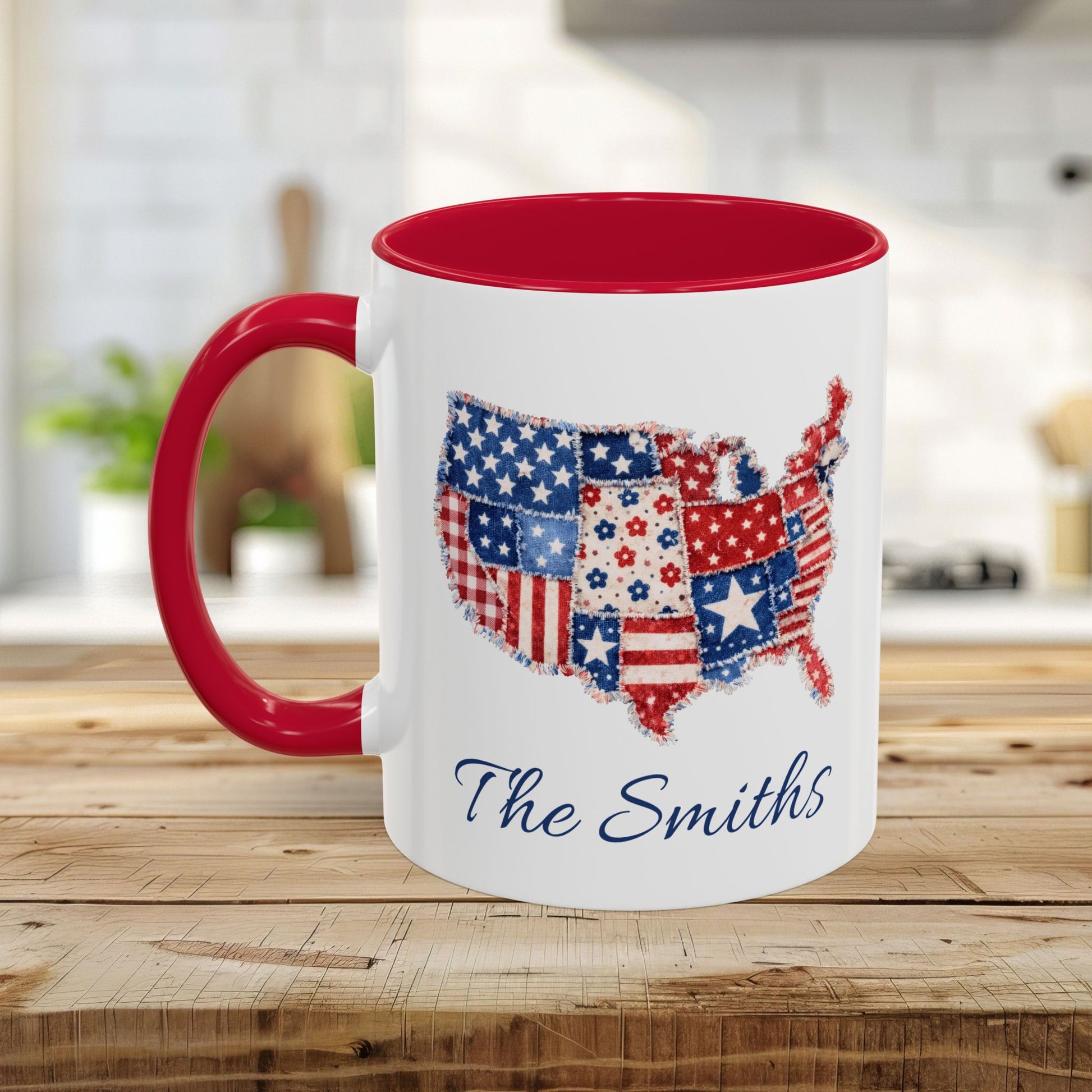 White ceramic mug with red interior and handle, featuring a patchwork USA map and "The Smiths" in script.