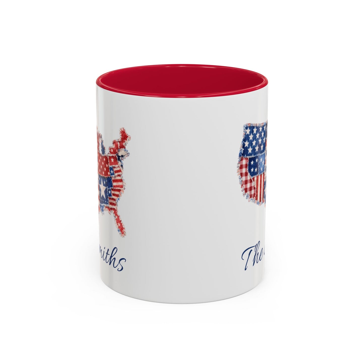 White ceramic mug with a red interior and handle, featuring a patchwork USA map design and personalized name.