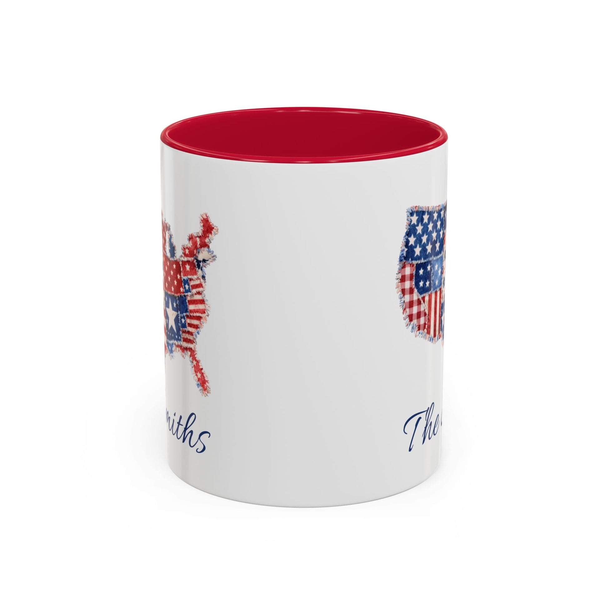 White ceramic mug with a red interior and handle, featuring a patchwork USA map design and personalized name.