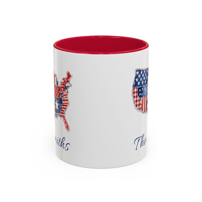 White ceramic mug with a red interior and handle, featuring a patchwork USA map design and personalized name.