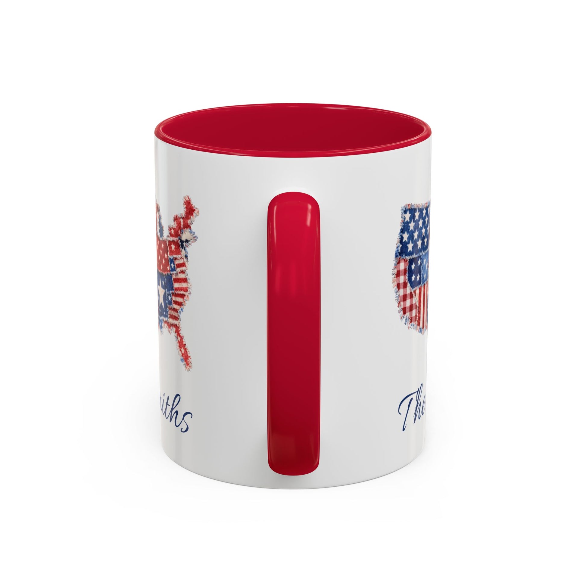 White ceramic mug with red interior and handle, featuring a patchwork USA map and personalized name.