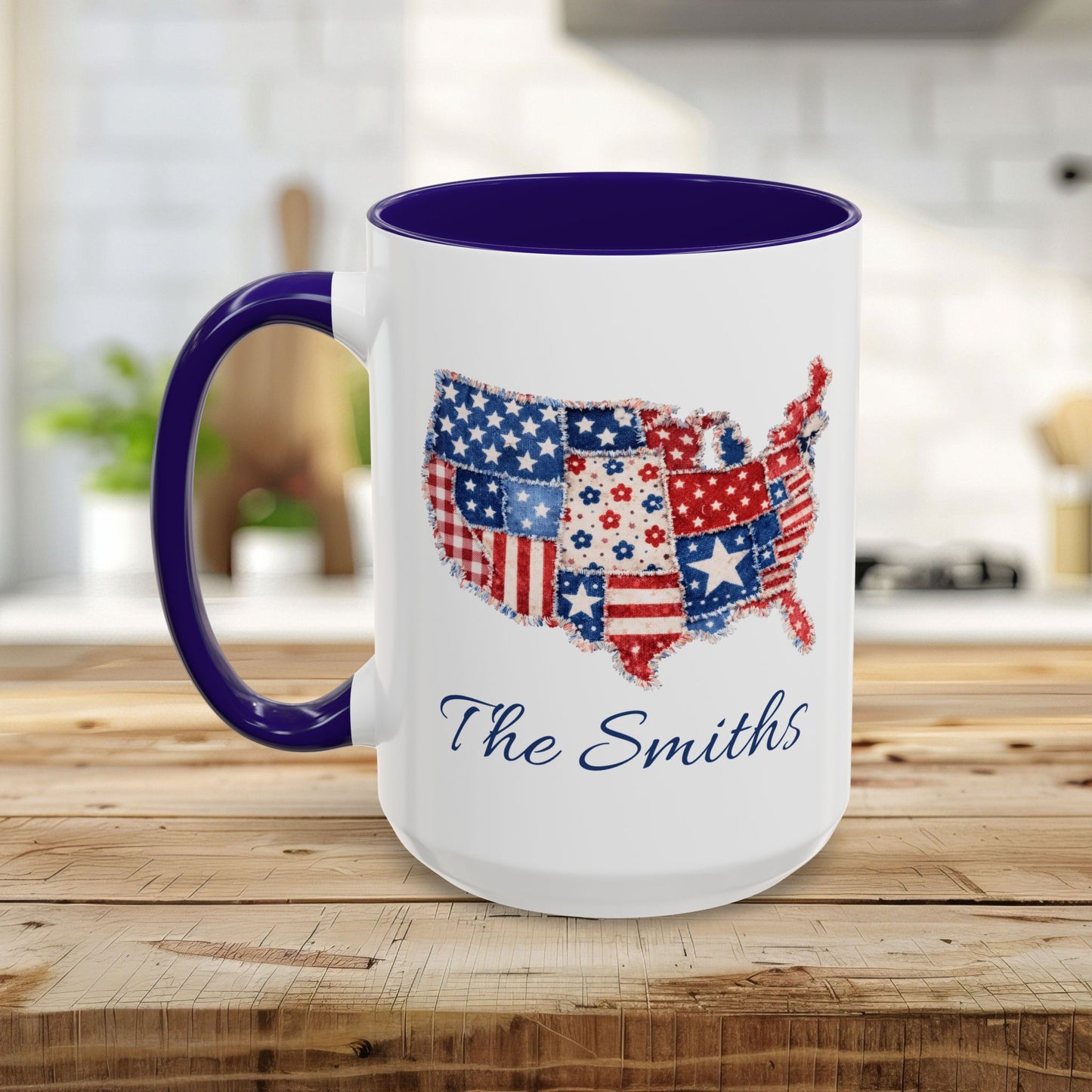 White ceramic mug with a purple handle and interior, featuring a red, white, and blue patchwork USA map and "The Smiths" scripted below.