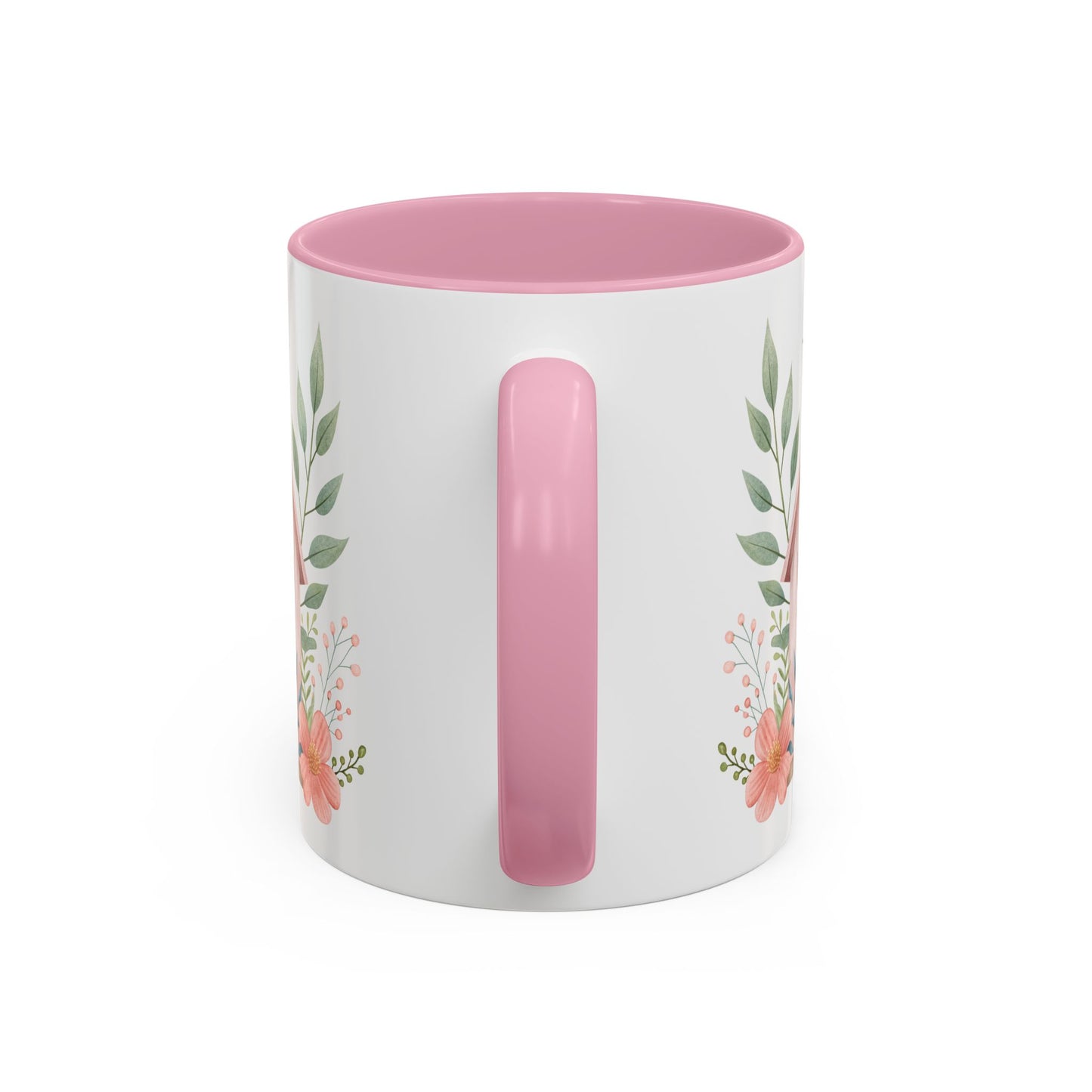 White ceramic mug with pink interior and handle, featuring a watercolor floral design.