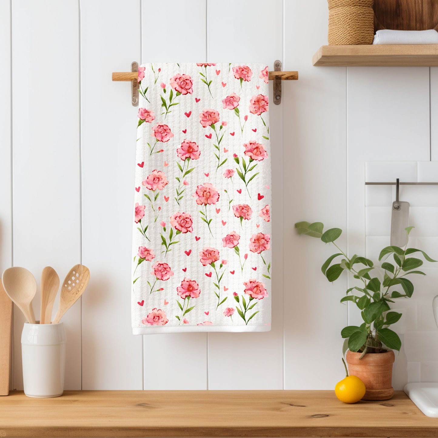 Pink Carnation Floral Microfiber Tea Towel