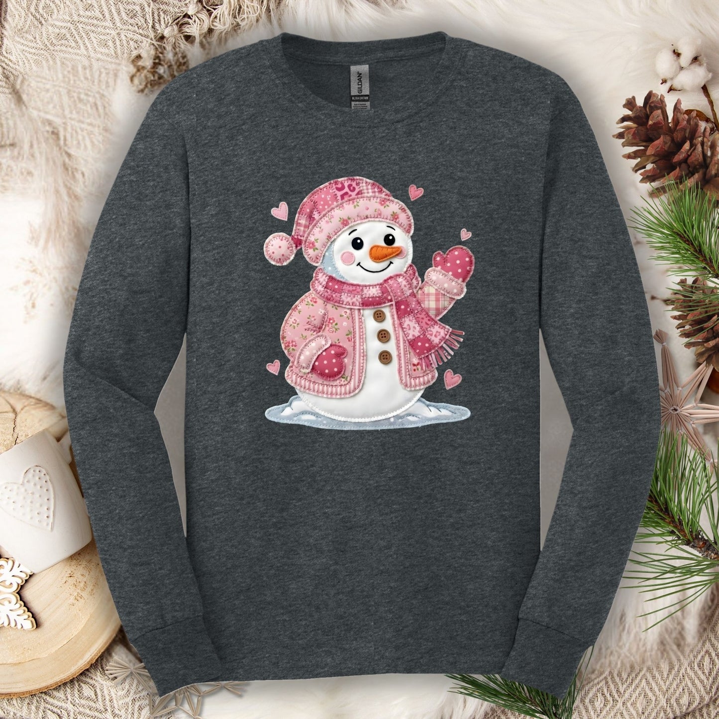 Pink Faux Patchwork Valentine's Snowman Long Sleeve Tee