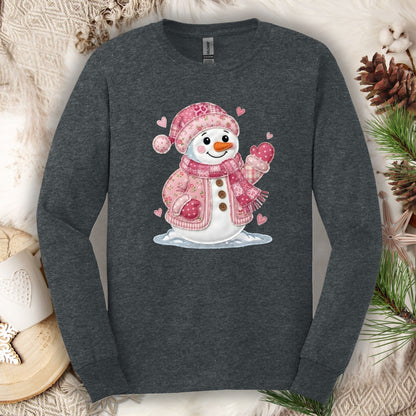 Pink Faux Patchwork Valentine's Snowman Long Sleeve Tee